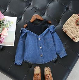 Kids Shirts Korea style girls patchwork denim shirt full sleeve fashion spring girls blouse 2-7t E196 230321