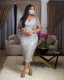 Chic Silver Aso Ebi Prom Dress 2023 For Black Girls Mermaid Long Sleeve Mid Evening Gowns Elegant Sequin Formal Cocktail Party Women African Formal Occasion Dresses
