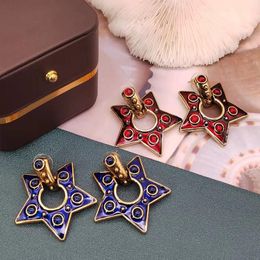 Stud Earrings European And American Retro Style Electroplating Gold Enamel Glazed Silver Needle Five-pointed Star EarringsStud