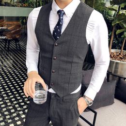 Men's Vests High Quality Suit Vest Men Fashion Wedding Dress Plaid Formal Business Attire Slim Wed Waistcoat Korean Sleeveless Gilet