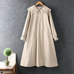 Casual Dresses Autumn Women Dress Japan Style Mori Girl Peter Pan Collar Solid Color Long Sleeve Cotton and linen Loose Long Dress 230321