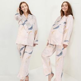 Women's Sleepwear Cotton Gauze Pyjamas For Pregnant Women Postpartum Nursing Long Sleeve Trousers Suit Lapel Sexy Print Two Piece Set Pijama