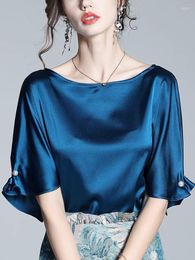 Women's Blouses Plus Size Elegant Original Design Pearl Brooch Ice Silk Tops Blouse Comfortable Luxury Acetate Satin Half Sleeve Shirt