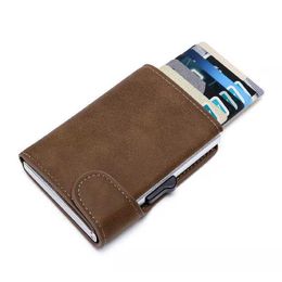 Wallets Rfid Smart Wallet ID Holder Leather Ultra-thin Business Men Cardbag Automatic Pop-up Anti Theft Brush Metal Card Box G230308