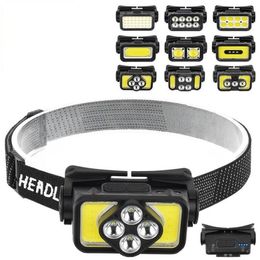 Built-in Battery Induction Cob LED Headlamp 5 Lighting Modes Running headlamps USB Rechargeable Led Headlight Flashlight Waterproof Wave Sensor Head Torch Light