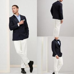 Men's Suits Costume Homme Black Men White Pant Double Breasted Wedding Groom Tuxedo Terno Masculino Slim Fit Prom Blazer 2 Pieces