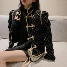 Women's Jackets 2023 Winter Women Fashion Outfit Stand Collar Chinese Knot Button Chic Short Coat Classic Golden String Plaid Jacket