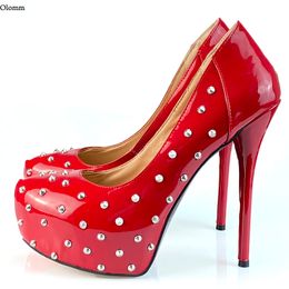 Olomm Handmade Women Shiny Pumps Sexy Rivets Stiletto Heel Round Toe Gorgeous 11 Colours Club Wear Shoes Women US Size 5-20