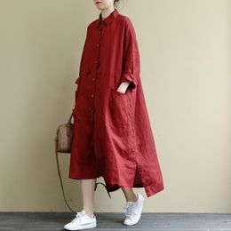 Casual Dresses Johnature Women Red Shirt Dresses Loose Button Turn-down Collar Long Sleeve Robes Pockets Spring Casual Vintage Dresses 230321