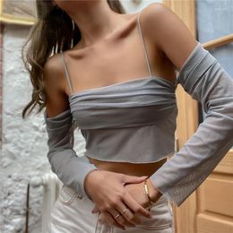 Women's T Shirts Y2k Fairy Core Sheer Mesh Off Shoulder Long Sleeve Crop Top Casual Women Clothing N33-BC12