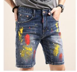 Men Painted Denim Shorts Jeans Summer Pocket Big Size Casual Distressed Holes Slim fit Men's Short Pants Trousers