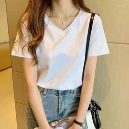 Women's T Shirts White Cotton V-neck Short Sleeve T-shirt Women's 2023 Summer Loose Large Size Undershirt Top Ins Trendy