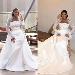 Fashion Strapless Mermaid Wedding Dresses Full Sleeve Bridal Gowns Plus Size Sexy Beading Crystal Dress Vestido De Novia