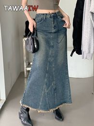 Skirts Tawaaiw American Retro Trumpet Mermaid Denim Women Y2k Vintage High Waist Slim Steampunk Bandage Jeans Maxi Korean 230321