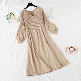 Casual Dresses Autumn Winter Women Knitted Sweater Dress Korean Lantern sleeve V Neck Elegant Long Dress Ladies Bottoming Loose Dress 230321