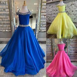 Hot Pink Girl Pageant Dress 2023 Organza Ballgown Beaded Waist Off-Shoulder Neck Little Kid Birthday Formal Party Gown Toddler Teens Preteen Royal-Blue Yellow