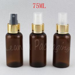 Storage Bottles 75ML Brown Round Shoulder Plastic Bottle With Gold Spray Pump 75CC Makeup Sub-bottling Toner / Water Packaging