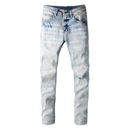 Men's Jeans Men Painted Ripped Streetwear Holes Distressed Slim Skinny Pencil Pants Light Blue Denim TrousersMen's