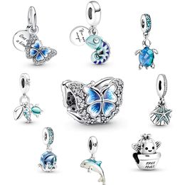 Blue Series Pearl Sterling Silver 925 Butterfly Turtle Fairy Palm Colour Charm Is Suitable for Primitive Pandora Bracelet DIY Small Jewellery Jewellery