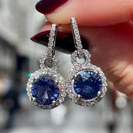Stud Earrings Real 925 Silver Needle Geometric Round Blue Zircon Simple Ear Buckle For Fashion Women Rock Women's Jewellery Gift