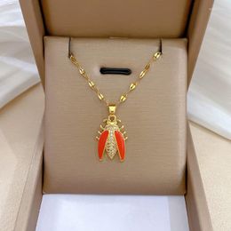 Chains Vintage Titanium Steel Insect Cicada Pendant Necklace Women's Gold Colour Gift Red Enamel Hiphop Jewellery Christmas