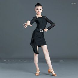 Stage Wear Professional Latin Dance Dress For Girls Skirt Black Tops Split Fishbone Competition Dresses SL2267