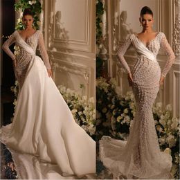 Modern Mermaid Wedding Dress Pearls Beading Sheer V Neck Bridal Gowns 2023 Luxury Beaded Bride Dresses With Detachable Train