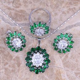 Necklace Earrings Set Glaring Green Cubic Zirconia White CZ Silver Plated Pendant Ring Size 6 / 7 8 9 10 S0425