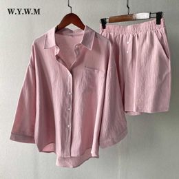 Women's Tracksuits WYWM Summer Cotton and Linen Sets Women Basic Loose Two Pieces Long Sleeves Shirts Drawstring High Waist Shorts Pants Suits P230307