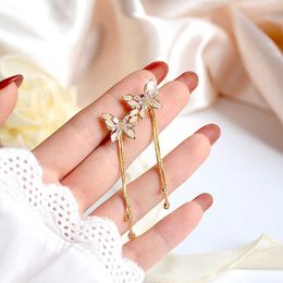 Charm 14K Elektrokaplanmış Gerçek Altın Taş Takı Küpe Kelebek Zirkon Zircon Uzun Uzun Eşsiz Küpe Takı Püskül Küpe G230320