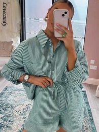 Women's Tracksuits Stripe Printed Green Shirt Set Women Lapel Single Breasted Long Sleeve Blouse And Mini Short 2 Pieces Sets Female Shorts Suit P230307