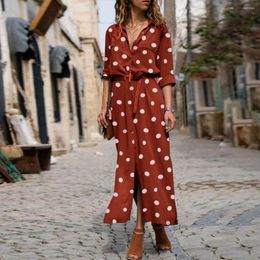 Casual Dresses Summer Italian Fashion Polka Dot Shirt Long Dress Women Sleeve V-Neck Button Down Split