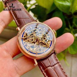 Wristwatches Reef Tiger/RT Men's Vintage Business Automatic Watches Skeleton Dial Rose Gold Tone Brown Leather Strap Mechanical Watch