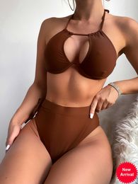 Women's swimsuit push-up bra high waist cushion solid color bikini two-piece beach suit