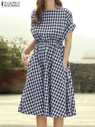 Casual Dresses Fashion Cheque Dress Women Summer Sundress ZANZEA Casual Short Sleeve High Waist Midi Vestidos Female Plaid Robe Femme 7 230321