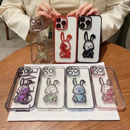 Luxury Quicksand Rabbit Holder Bling Phone Cases For Iphone 14 Pro Max Plus 13 12 11 Plating Plated Clear Transparent Soft TPU Phone Back Lens Glass Film Cover