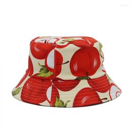 Berets 2023 Cotton Four Seasons Fruit Apple Print Bucket Hat Fisherman Outdoor Travel Sun Cap Hats For Men And Women 400