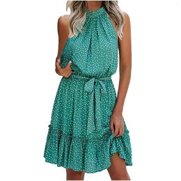 Casual Dresses Halter Floral Printed Sundress Strapless Ruffle Vestidos Bandage Dress Women Sashes Beach Style A-line Mujer