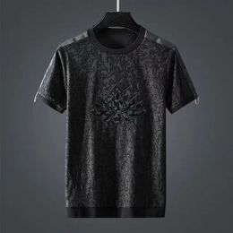 Men's T-Shirts Fashion ethnic style dark pattern embroidery lotus petal short-sleeved men's T-shirt summer round neck large size black T-shirt 230321