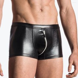 Underpants Men Panties Solid Colour U Convex Open Crotch Zipper Underwear Faux Leather Good Stretch Briefs For Living Room