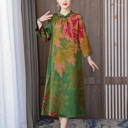 Ethnic Clothing 2023 Chinese Fashion Retro Style Women Flower Printed Improved Cheongsam Dress Long Sleeve Loose Daily Elegant Qipao S67