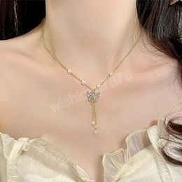 Shiny Zirconia Butterfly Necklace For Women Delicate Pearl Tassel Collarbone Chain Wedding Party Party Gift Jewelry