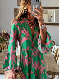 Casual Dresses Women Deep V Button Print Loose Beach Dress Fashion Flared Sleeve Pleated Midi Party Dress Summer Casual Street Pullover Dresses 230321