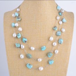 Chains 19" 3 Strands Freshwater White Baroque Pearl Blue Larimar Necklace