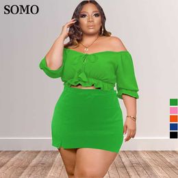 Plus Size Dresses Women Clothing Sexy Off Shoulder Two Piece Set One Word Collar Mini Culottes Summer Outfits Wholesale Dropshipping 230307