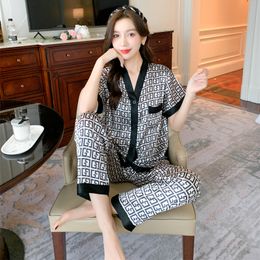 Women's Sleepwear M-5XL Plus Size Luxury Silk Pyjamas for Women Summer V Neck Letter Print Home Suit Stain Pyjama Set Woman Sleepwear Pijama Mujer 230321