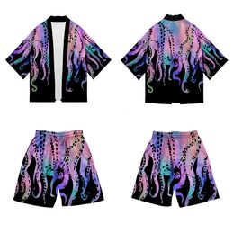 Men's Tracksuits Plus Size Octopus Print Summer Loose Japanese Streetwear Cardigan Men Harajuku Kimono Suit Pants Design Shirts Yukata 230321