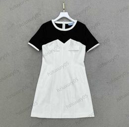 Summer Dresses Classic Patchwork Colour Design Crewneck Short Sleeve Casual Dress Front Triangle Logo Decorative Corset Waist Cut Slim Maxiskit Dresses 1970