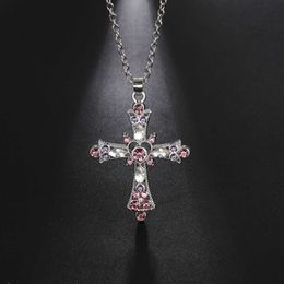 Pendant Necklaces Gothic Crystal Cross Necklace Colourful Charm Lady Silver Plated Pendant Necklace For Women Y2K Jesus Fashion Jewellery Accessories Z0321