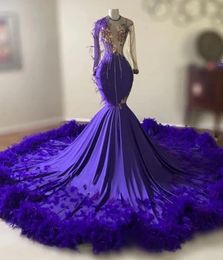 Purple Feathers Mermaid Prom Dresses Long Sleeve Sequin Applique Tassel Party Gowns Graduation Dress For Black Girls